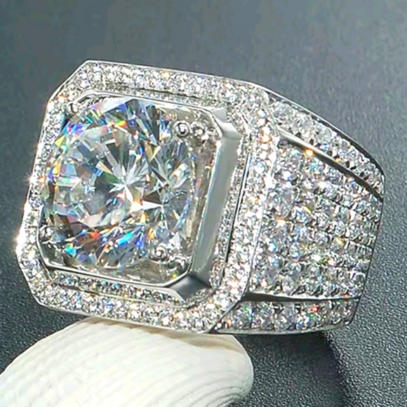Silver Men's Intricate Diamond Ring with Halo Design Sz 12
